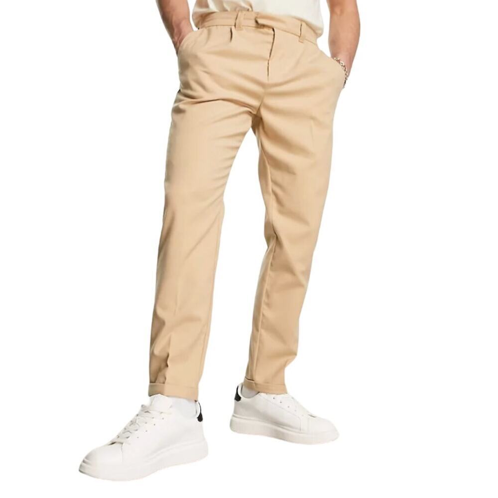 New Look Tapered Pleat Front Trousers in Stone-Neutral, Size 32R​​​​